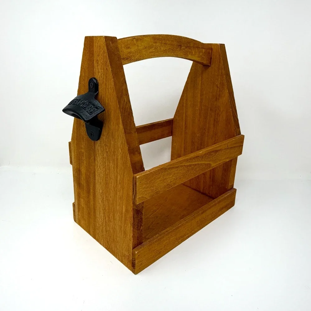 Wooden Bottle Caddy Carrier Built-In Opener Rustic Farmhouse Bar Decor
